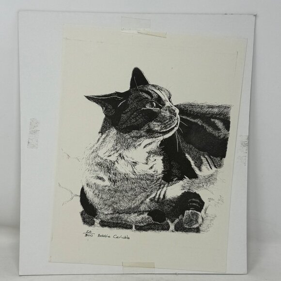Limited Edition Bobbie Cericola Cat Pen Art Print 25/300 Black White Signed 9x12 - Picture 2 of 7